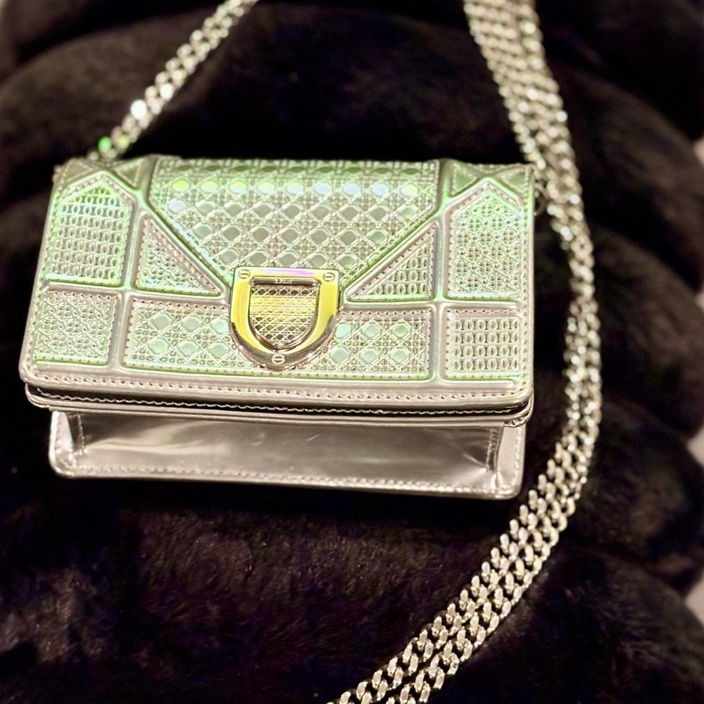 Dior Iridescent Silver Cannage Mini Crossbody with Silver Hardware
